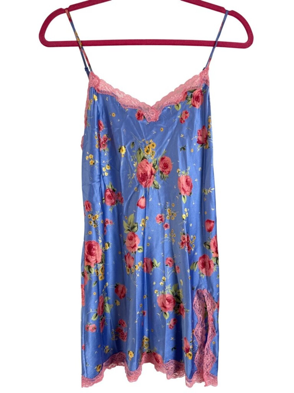 Victorias Secret Periwinkle Blue Floral Satin Feminine Lace Chemise Slip Dress M